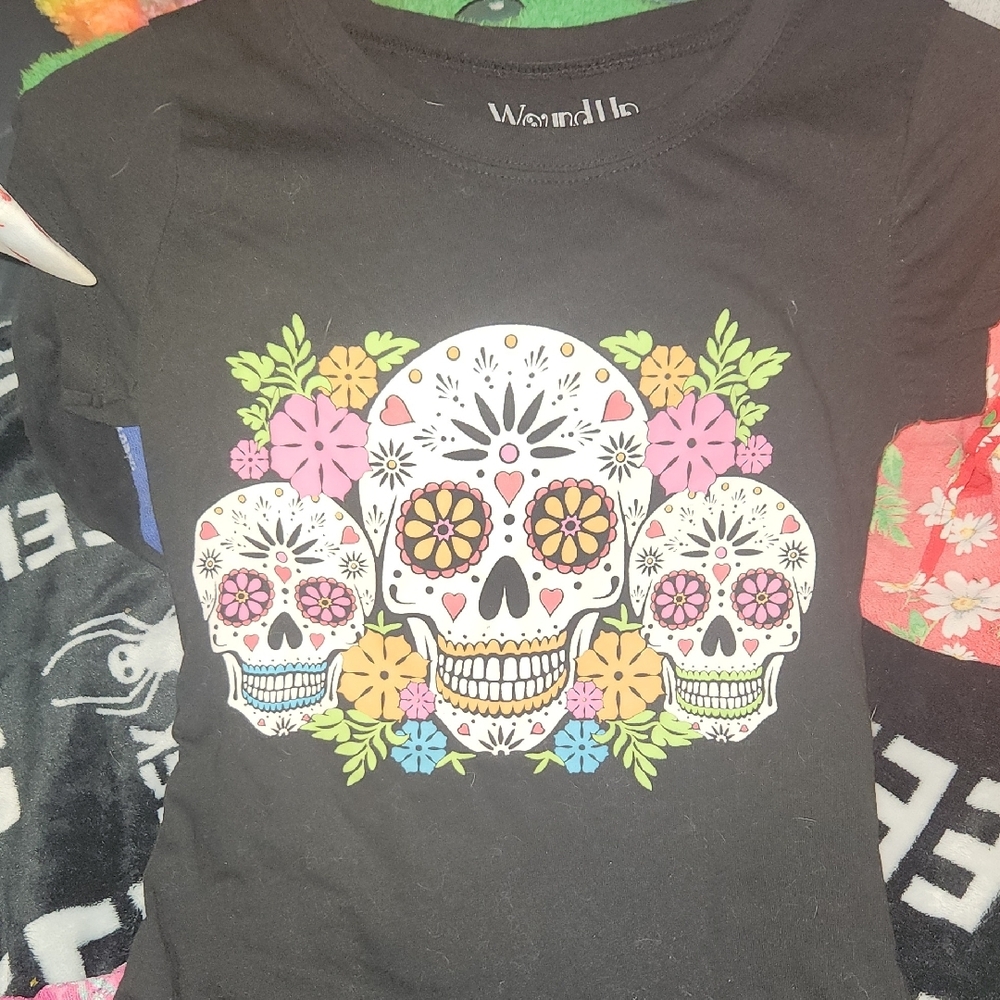 Wound Up Black Short Sleeve Tee with Sugar Skull Design